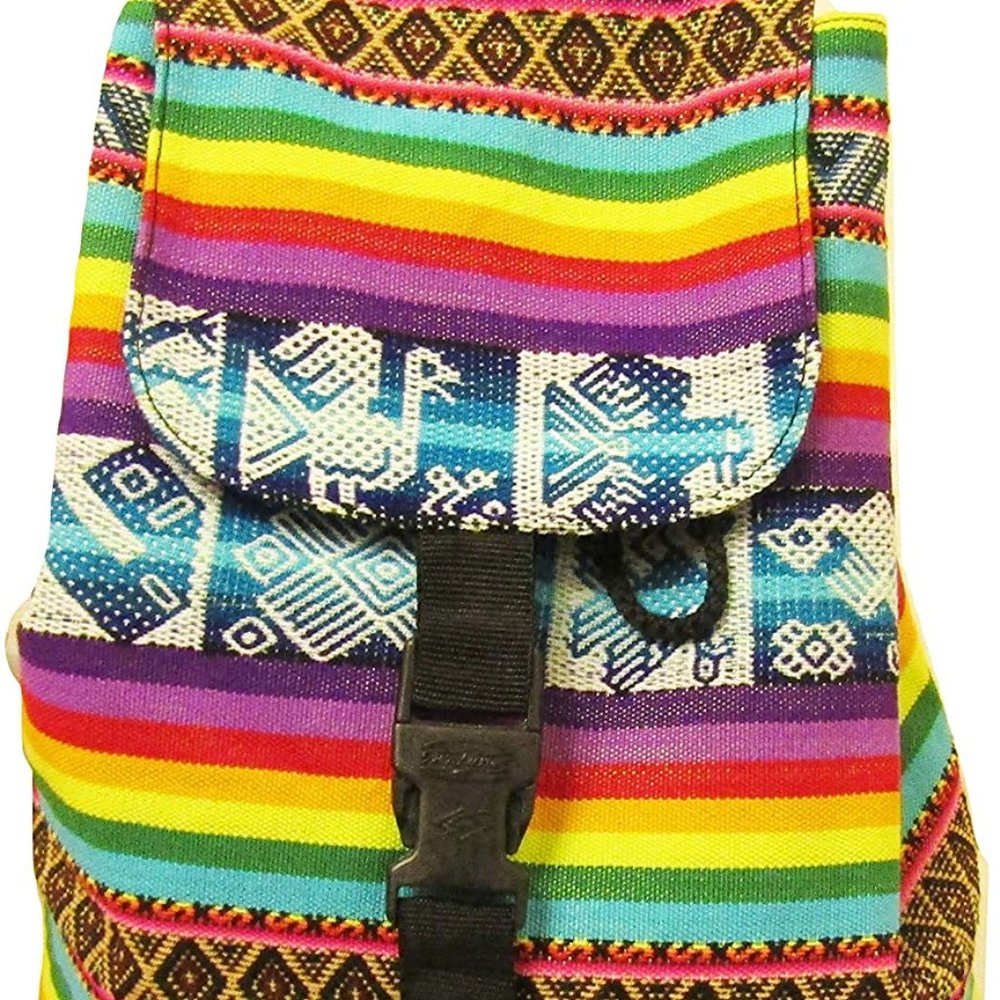 NWOT Peru Outdoor Picnic Colorful Wool Backpack Bag Rainbow Motifs Multi Color